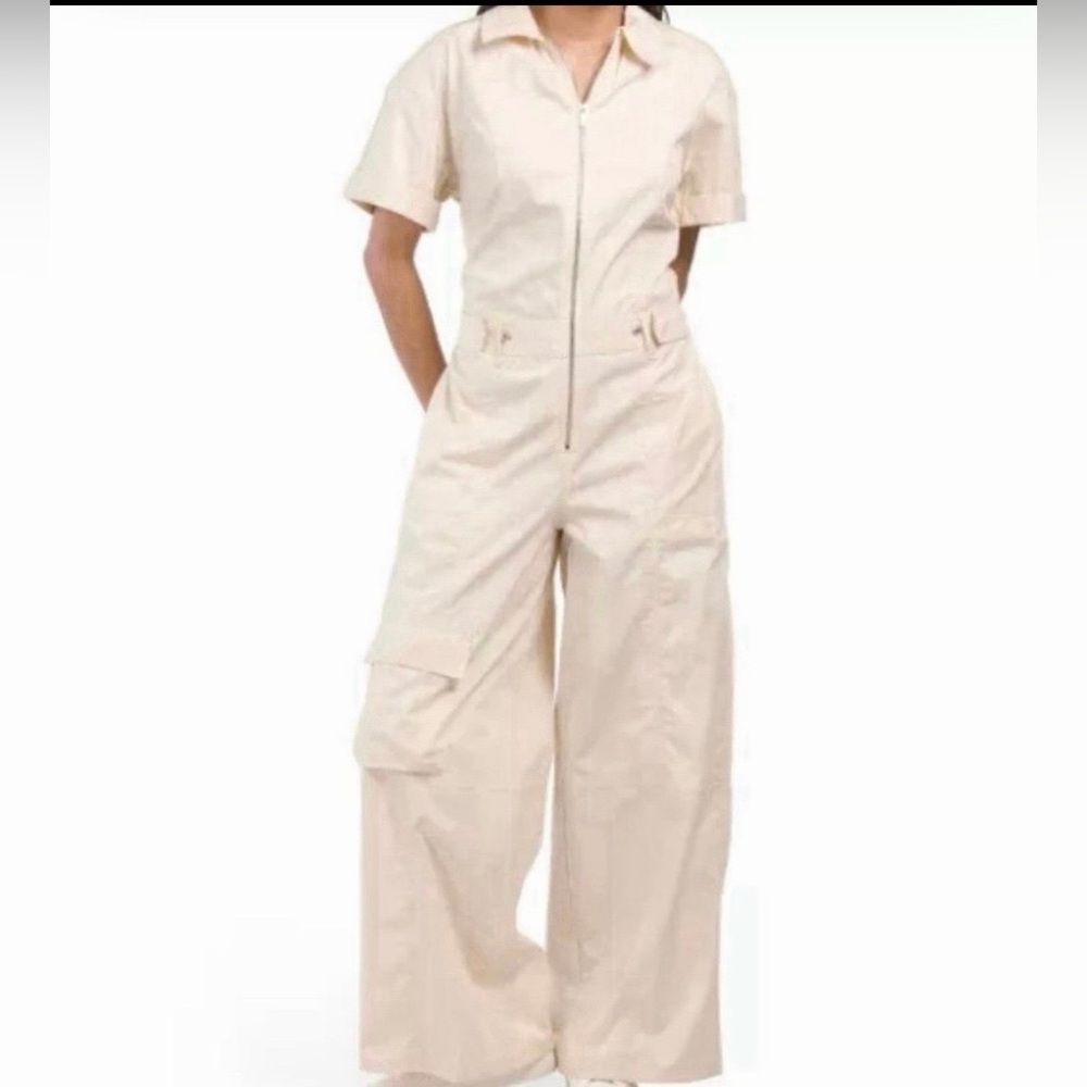 Wide Leg Relaxed Fit Zip Up Cargo Cotton Short Sleeve Jumpsuit